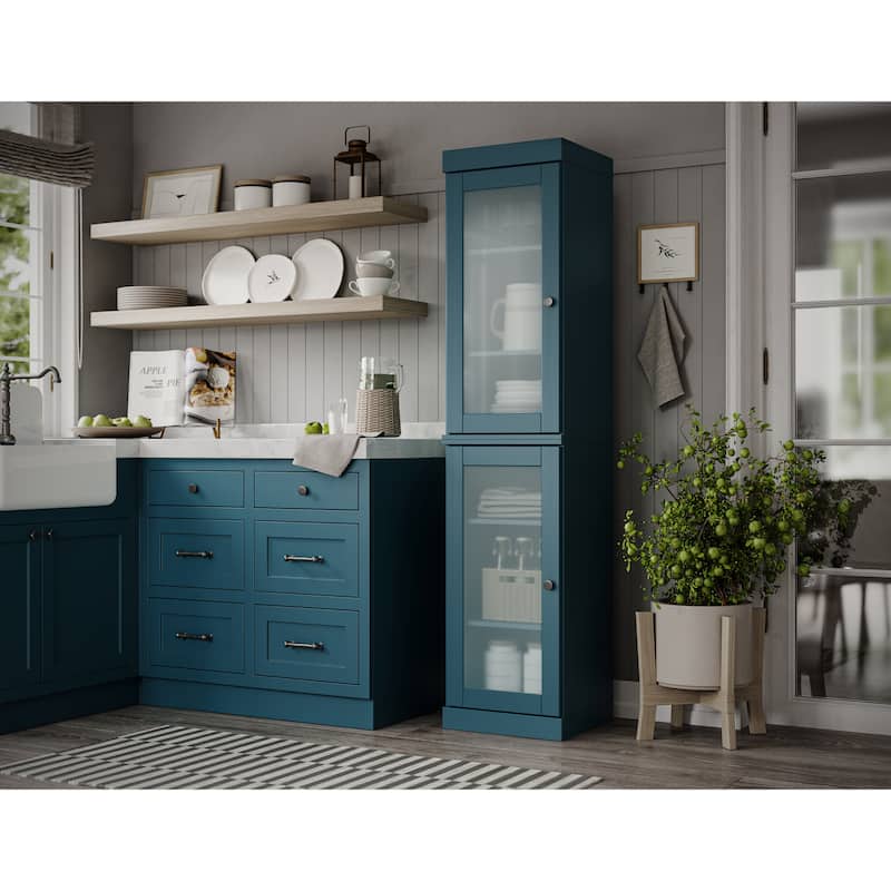 100% Solid Wood 16.5" Kitchen Pantry Cabinet with Doors by Palace Imports - Teal Blue - Frosted Glass