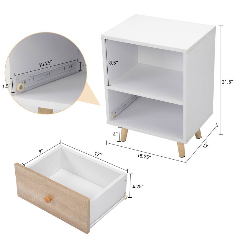 Modern White Bedside Table with Drawer and Storage Shelf, Multi-Purpose End Table