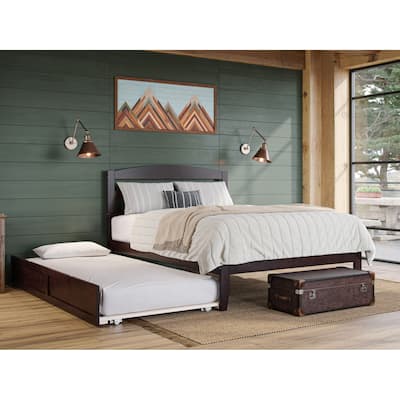 French Flair Wood Platform Bed with Twin XL Trundle & USB Charger, Queen Size