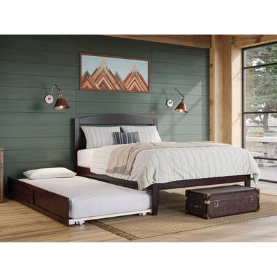 Wood Platform Bed with Trundle & Charging Station - Full Size, Espresso Finish