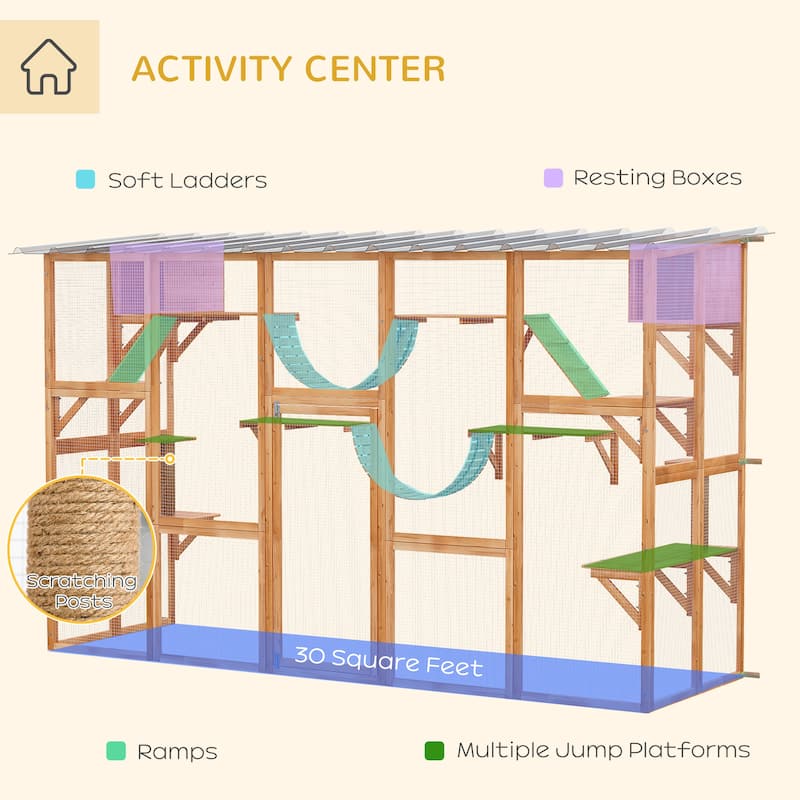 PawHut Catio Playground Outdoor Cat Enclosure Wooden Cat House Shelter