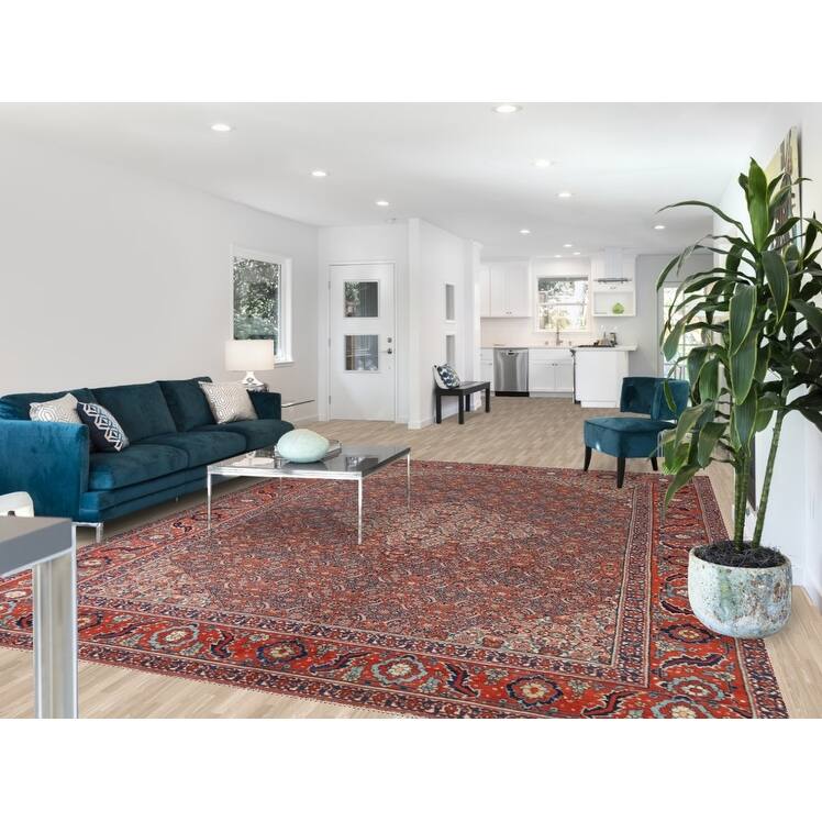 Hand Knotted Oriental 100% Wool Carpet Traditional Floral Oranges & Rust Senneh Area Rug - 11' 11'' X 9' 0''