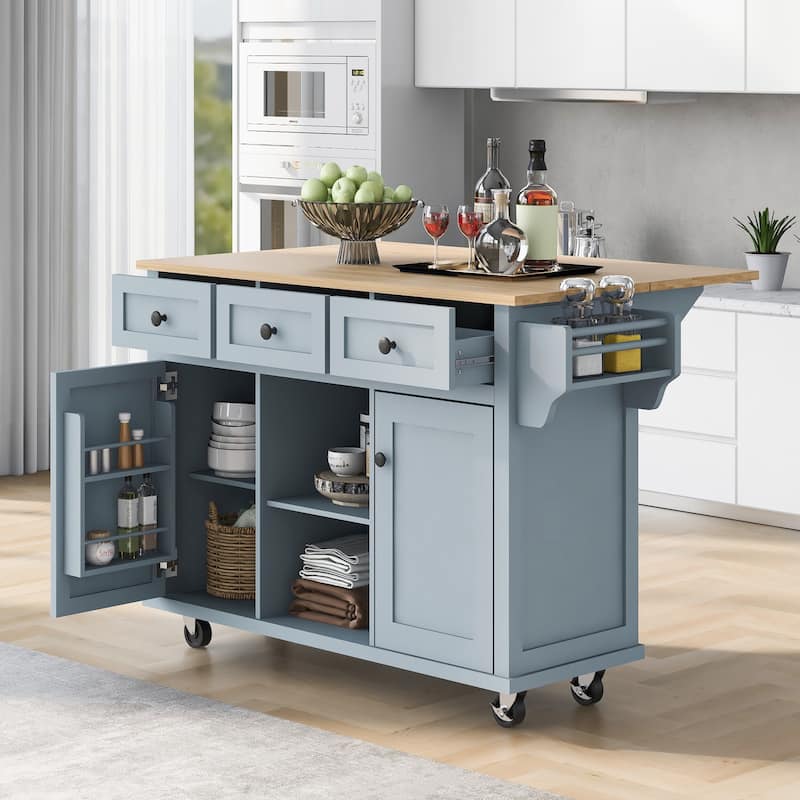 Mobile Kitchen Island Cart with Drop-Leaf Countertop & Storage Cabinet