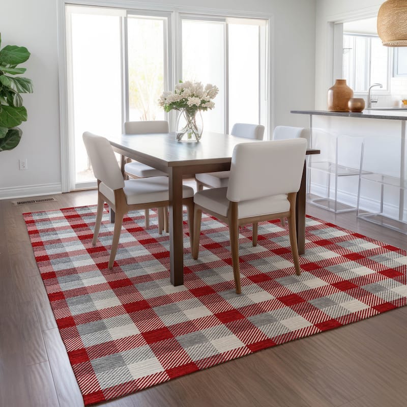 Machine Washable Indoor/ Outdoor Plaid Chantille Rug