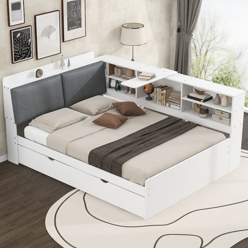 Full Size Platform Bed with Trundle, Storage Headboard, and Shelves in White