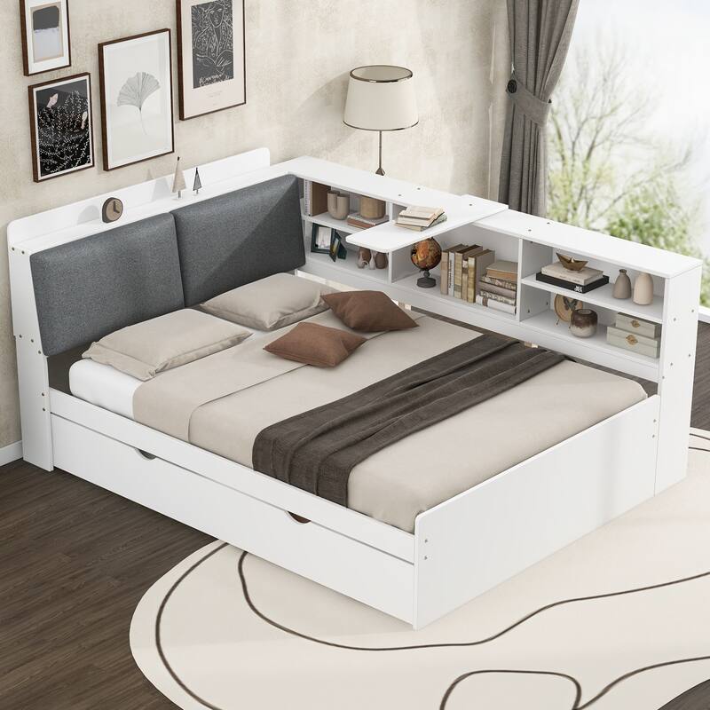 Full Size Wood Platform Bed with Trundle, Storage Headboard, Built-in Shelves, Upholstered Backrest, and Rotatable Board