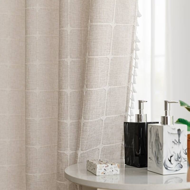 No Hooks Linen Textured Geometric Tassels Shower Curtain with Snap-in Liner