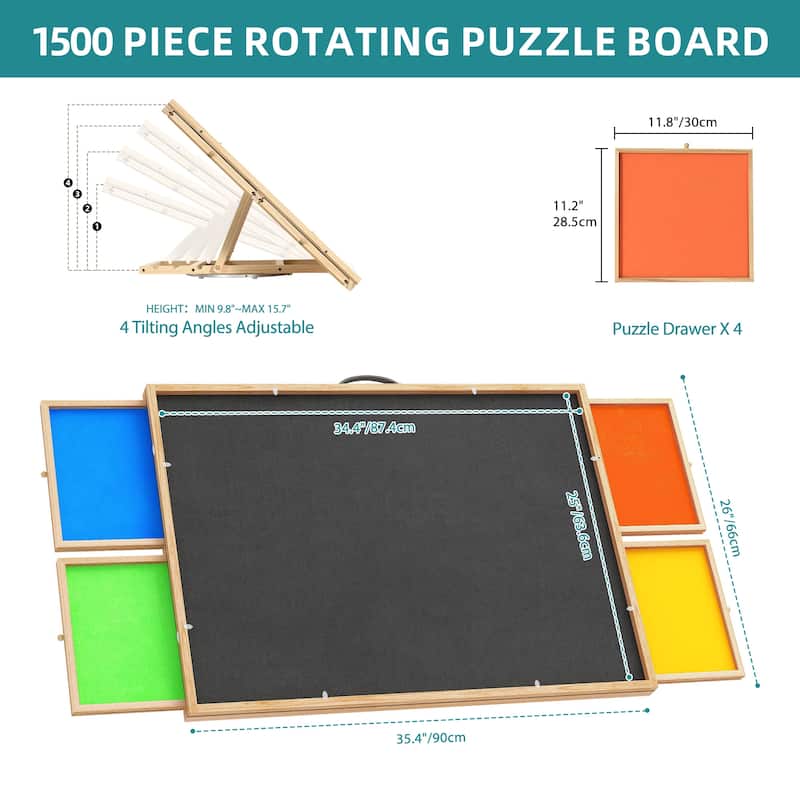 Moasis 1000 Piece Rotatable Puzzle Table with 4 Felt Drawers Natural Wood Finish - For 1500pcs