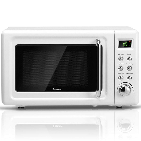 Costway 0.7Cu.ft Retro Countertop Microwave Oven 700W LED Display Glass Turntable White