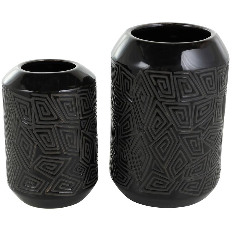 Black Ceramic Decorative Vase with Geometric Etchings (Set of 2)