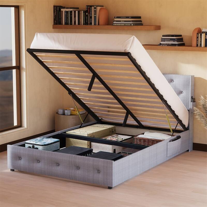 Full Size Upholstered Storage Bed with Headboard and USB Ports - Light Gray
