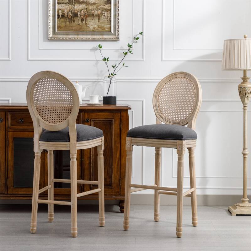 Wooden Barstools Rattan Back Set of 2