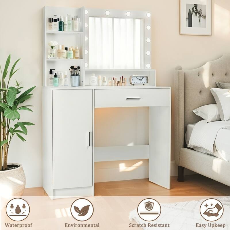 Modern Makeup Vanity with Mirror and Storage Cabinet, 3 Lighting Modes for Bedroom