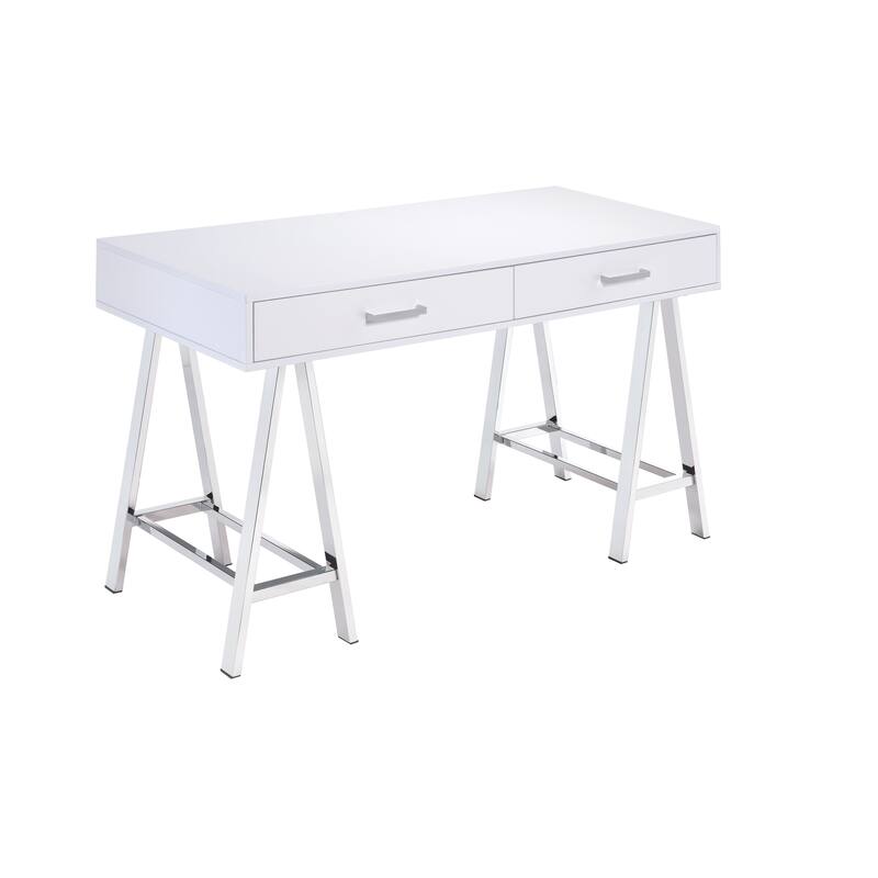 54" High Gloss Writing Desk with Built-in USB Port & Storage Drawers, Chrome Accents