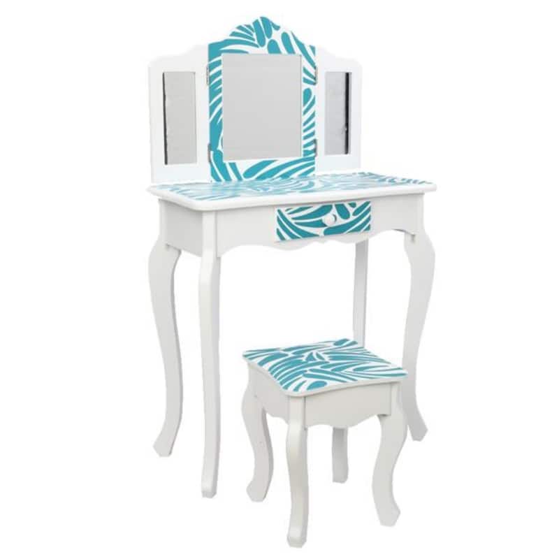 Three-Fold Mirror Single-Drawing Curved Foot Children Dressing Table Blue Zebra - 23.63 x 11.03 x 38.59