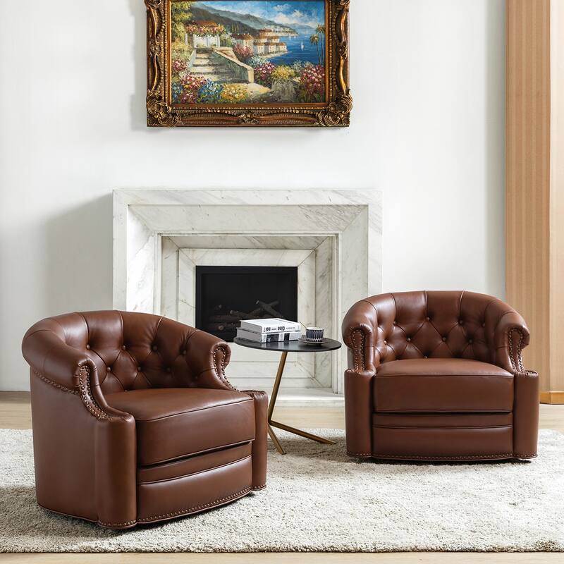 Felipe Modern Genuine Leather Swivel Chair With Tufted Back Set of 2 By HULALA HOME - Brown