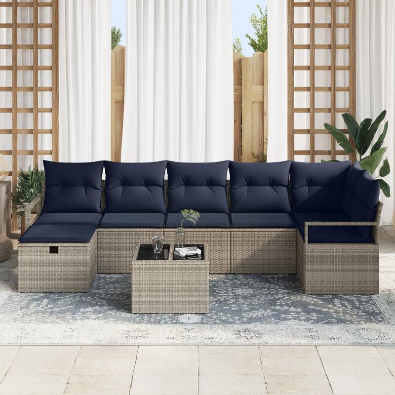 vidaXL 7/8 Garden Sofa Set with Cushions Black/Brown/Grey Poly Rattan - 113 x 48 x 27.2