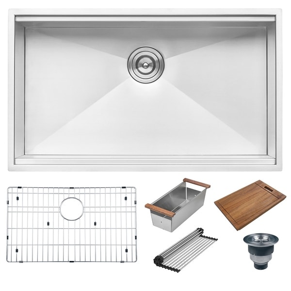 Ruvati RVH8300 Roma 32" Undermount Single Basin 16 Gauge Stainless Steel Workstation Kitchen Sink with Basin Rack, Colander,