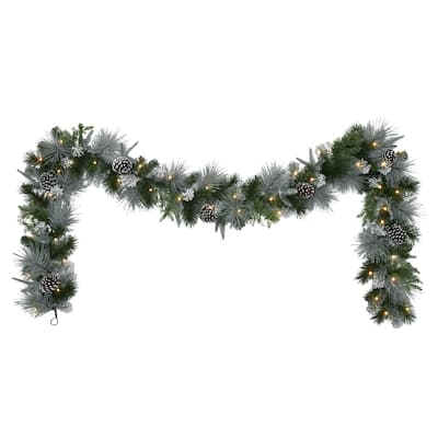 Puleo International 9' x 10" Pre-Lit Battery-Operated Flocked Garland
