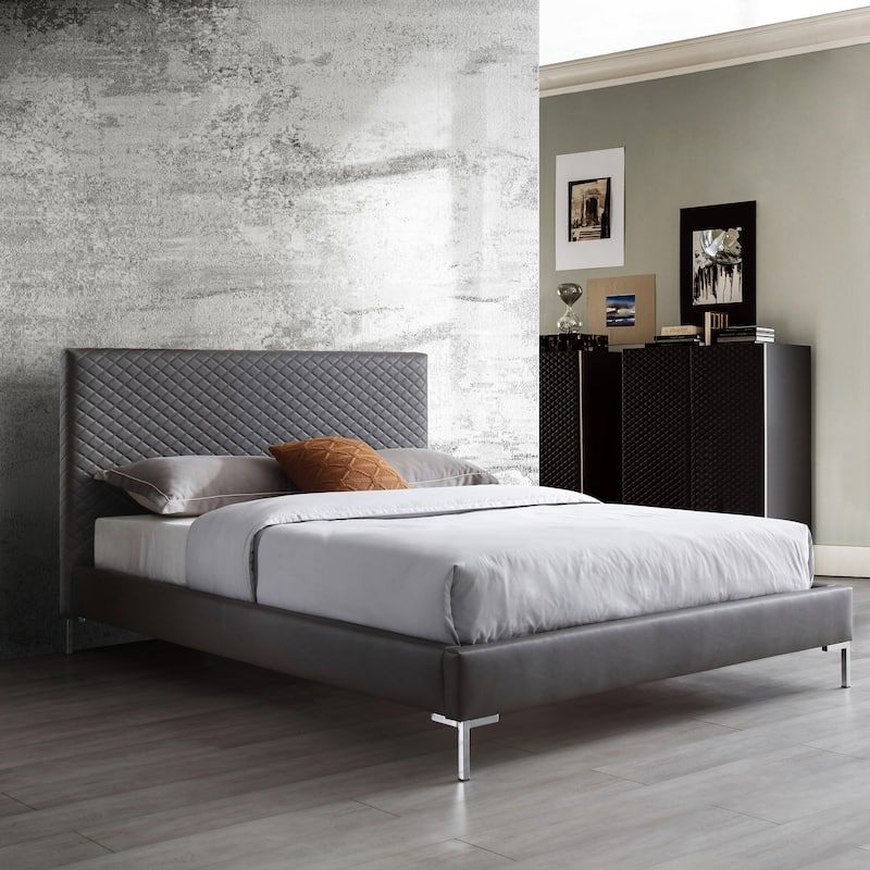 Mid-Century Modern Bed - Fully Upholstered Gray Faux Leather Platform Bed with Chrome Legs