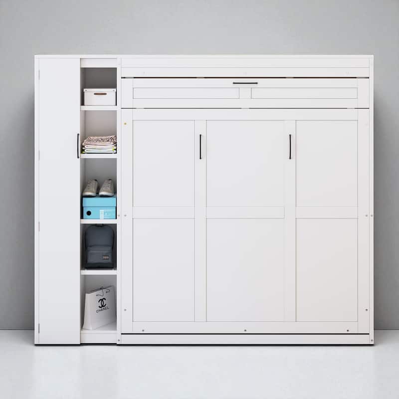 Full/Queen Size Murphy Wall Bed with Shelves, Wardrobe, LED Lights - Space-Saving Design - White - Queen