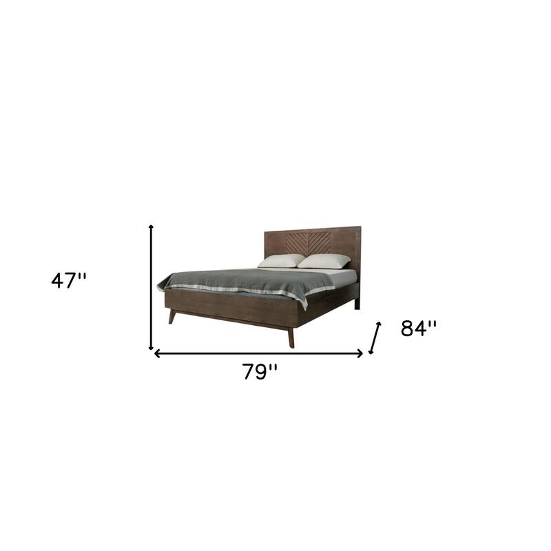 HomeRoots Brown Carved Geometric Solid Wood King Bed Frame