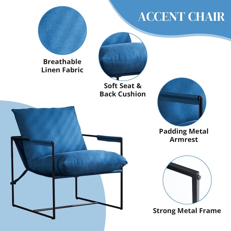 Modern Accent Linen Sling Chair with Metal Framed Soft Bag Cushion, Comfy Accent Chair for Living Room Office