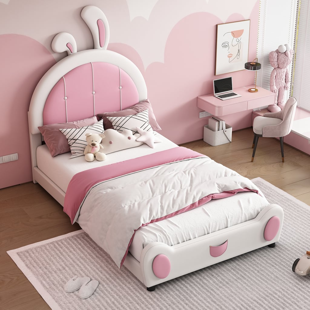 Upholstered Leather Bed Frame, Twin Size Platform Bed with Rabbit Shaped Headboard and Footboard for Bedroom, Study
