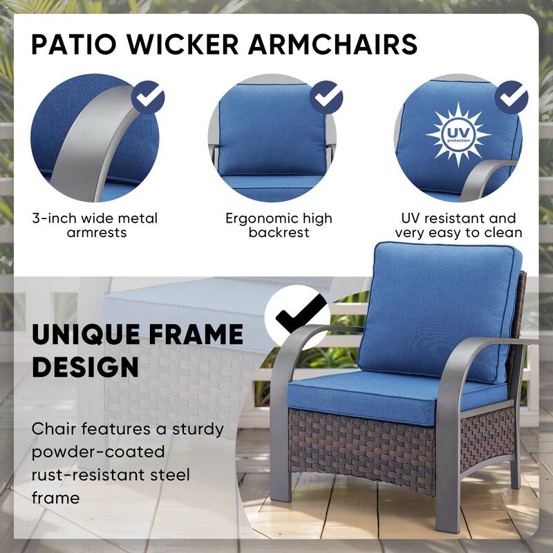 Outdoor Patio 4PCS Chair with Fire Pit Table - Blue cushion - Brown