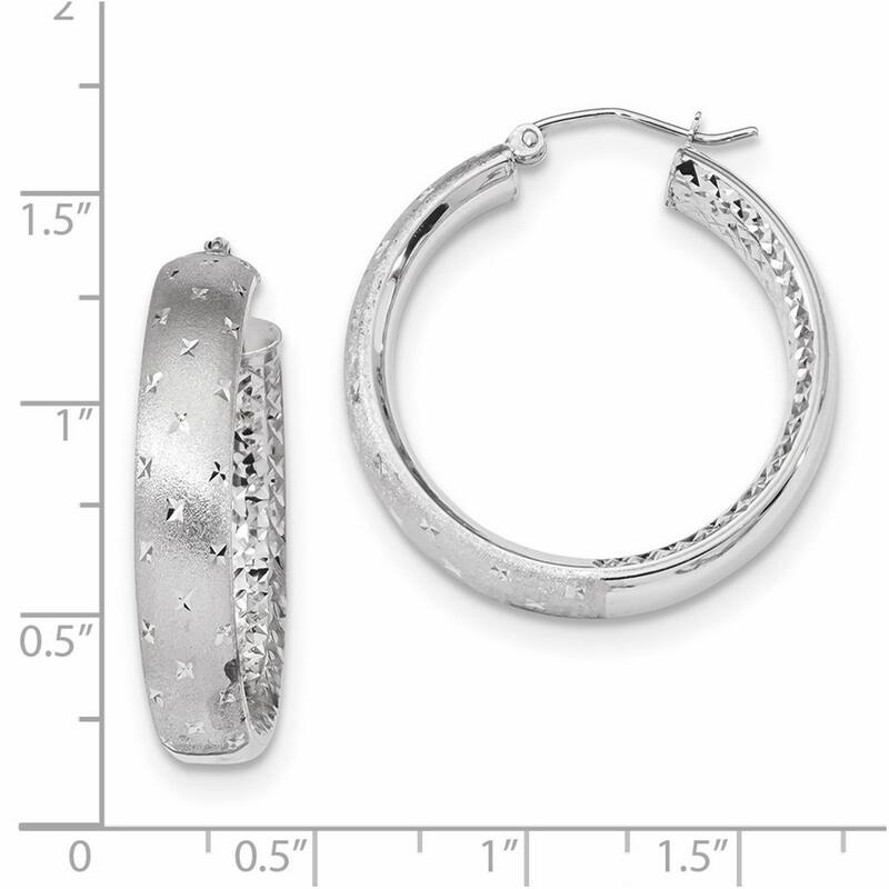 Curata 14k White Gold Satin and Diamond Cut In Out Hoop Earrings 32x5.75mm