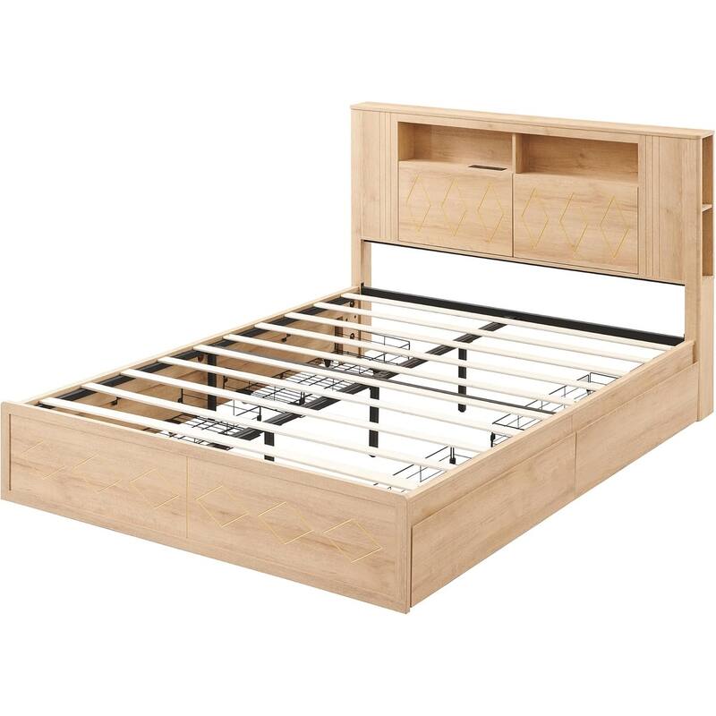 Modern Queen Size Wood Bed Frame with Charging Station and LED Lights