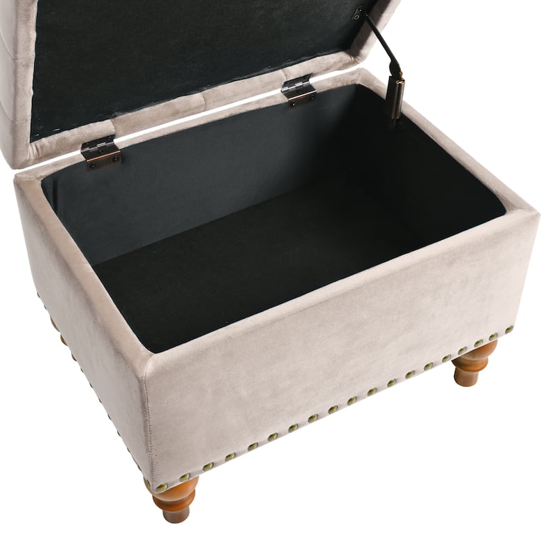 Square velvet upholstered Ottoman with storage space, hidden support hinge with easy to open top, rivet trim around
