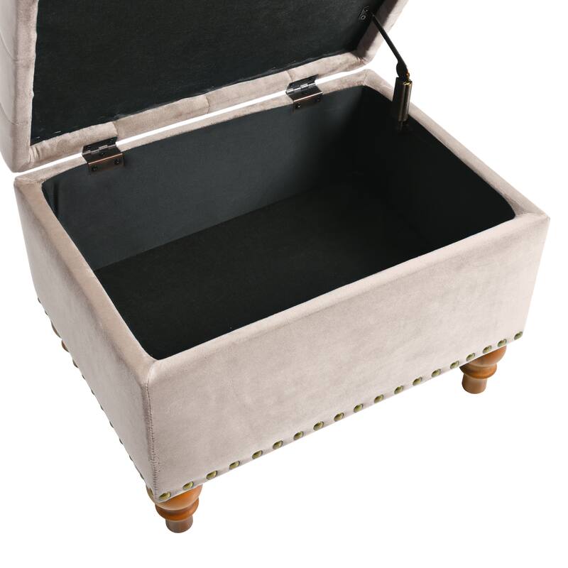 Velvet Storage Ottoman with Hidden Compartment, Square Upholstered Ottoman, End of Bed Bench with Rivet Trim & Solid Wood Legs