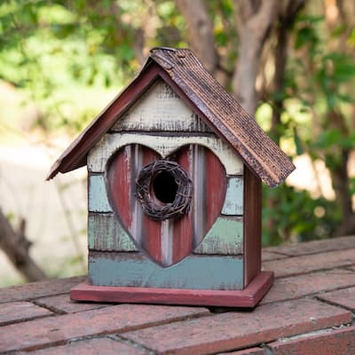 Glitzhome 8.66"H Distressed Solid Wood Birdhouse with Heart