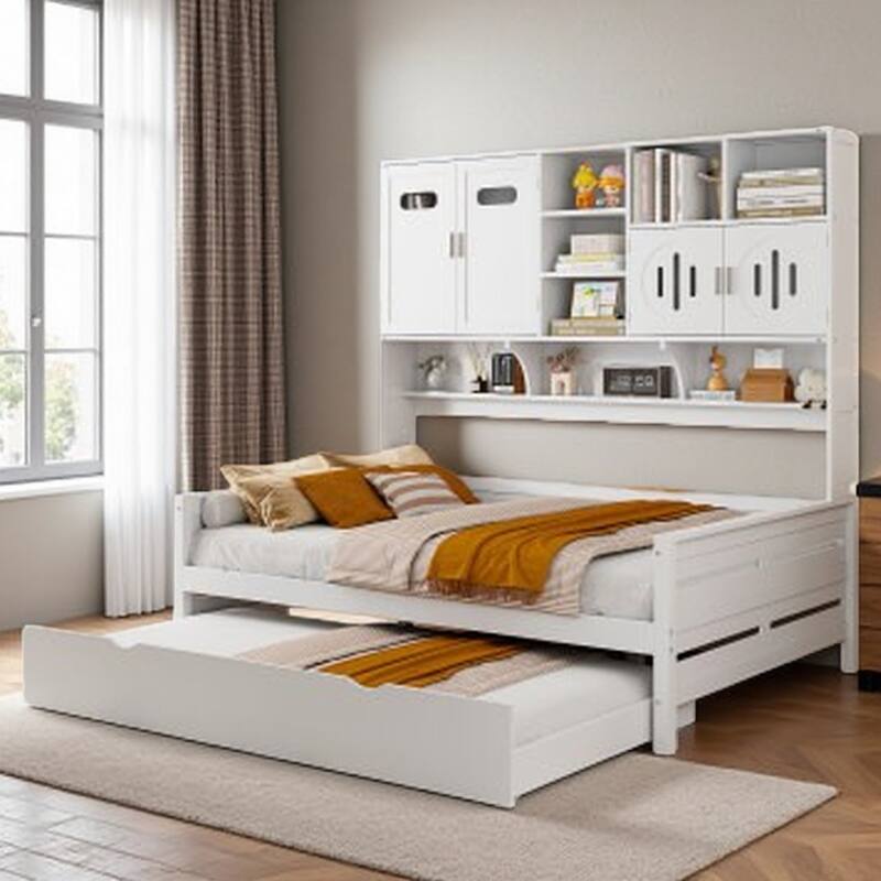 Full Size Wood Daybed with Built-in Storage Cabinet, Open Shelves & Twin Trundle Bed, Space-Saving Multi-Functional Frame