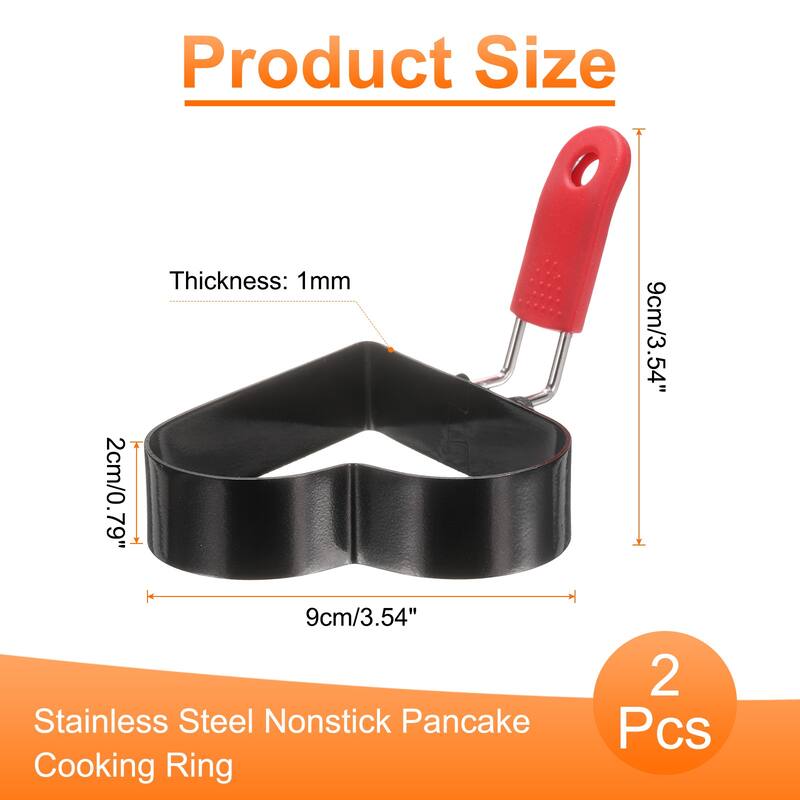 Heart Egg Rings Nonstick Pancake Cooking Ring with Silicone Handle - Black - 2Pcs