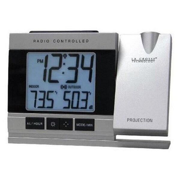 La Crosse Technology LCR5220UITCBPG Atomic Projection Alarm Clock with Indoor/Outdoor Temperature. Opens flyout.