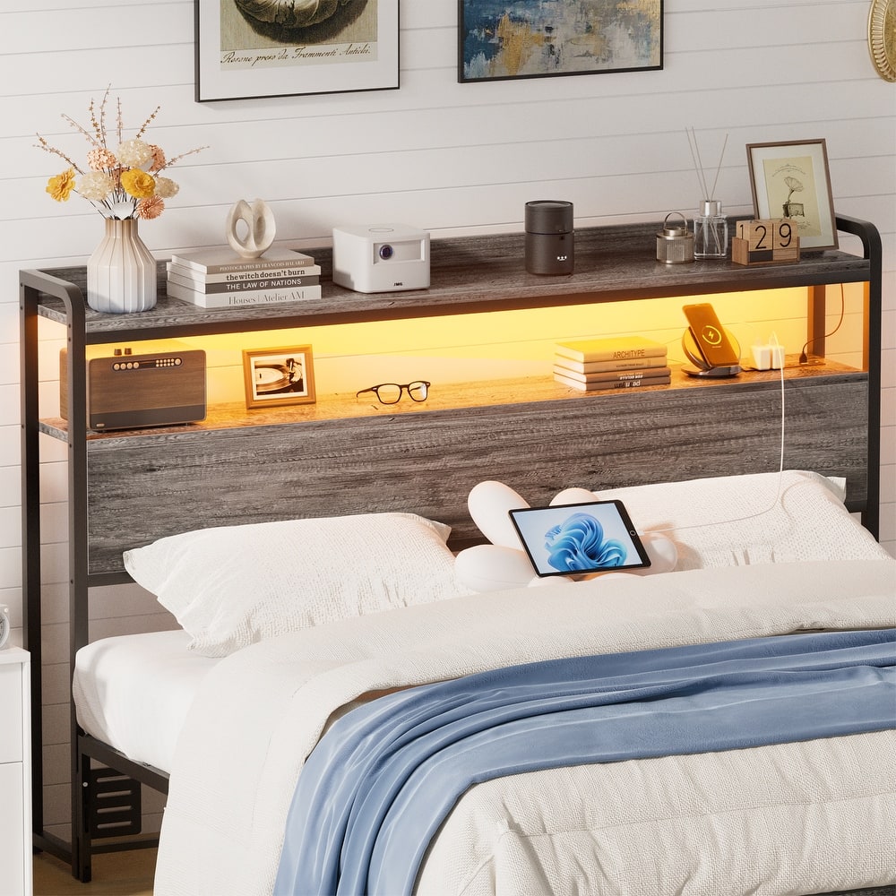 Headboard with Storage Drawers and LED Light, Head Board with Outlets, USB Ports