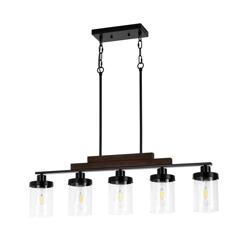 Farmhouse 5-Light Wood Accented Glass Shade Linear Island Chandelier