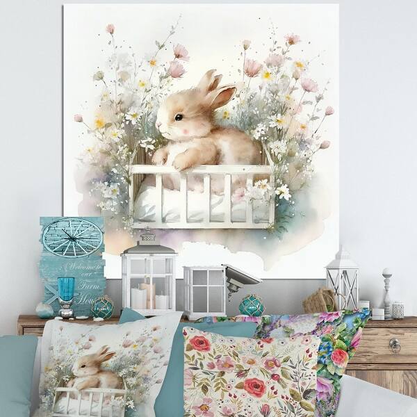 slide 2 of 7, Designart 'Baby Bunny In Crib With Flowers I' Animals Canvas Wall Art