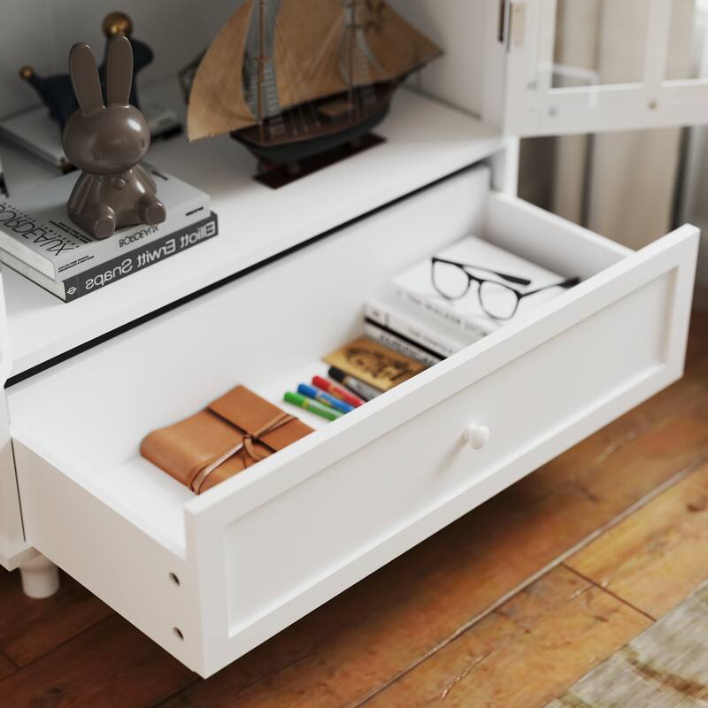 Buffet Cabinet with Double Glass Doors, Sideboard Cabinet with Drawer, Wooden Storage Cabinet with Adjustable Shelf