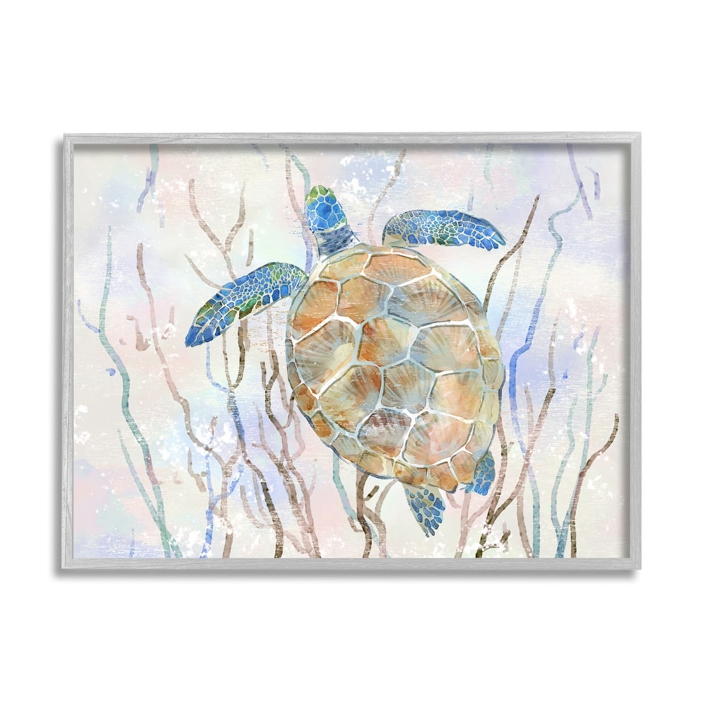 Stupell Contemporary Ocean Sea Turtle Abstract Kelp Sea Life Framed Wall Art - Blue