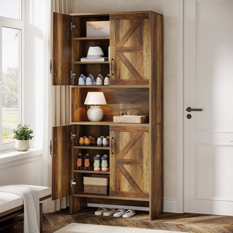 67.52" Tall Shoe Cabinet, 7-Tier Farmhouse Shoe Storage Cabinet with Doors and Adjustable Shelves - Rustic Brown