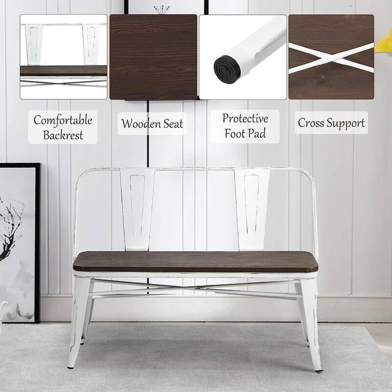 EROMMY Farmhouse-Inspired Dining Bench with Back, Industrial Metal Bench for Entryway, Wooden Seat, Accommodates 3 People,White