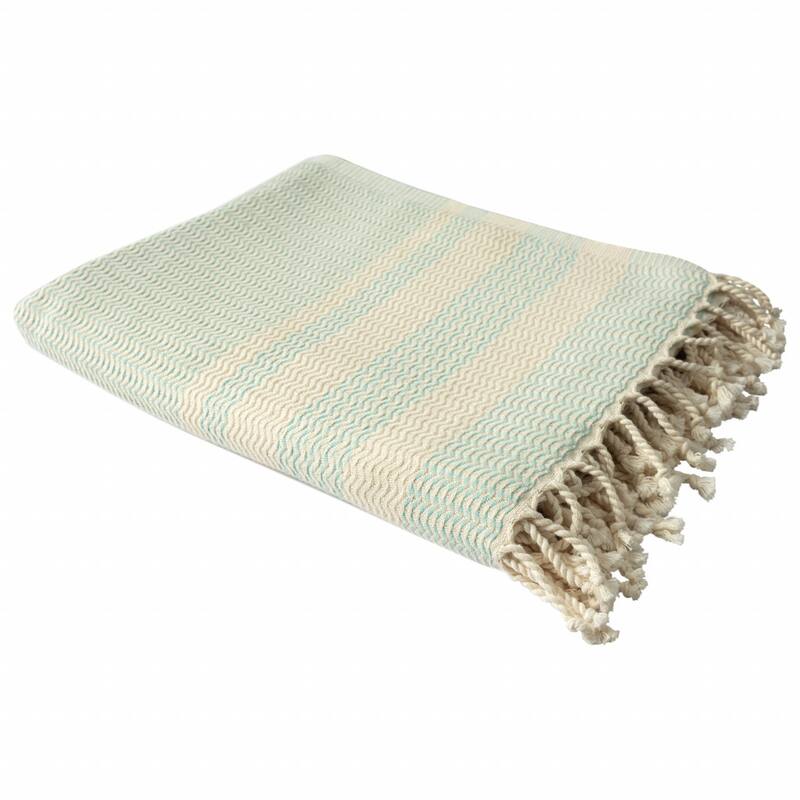 HomeRoots 50" X 60" Turquoise Woven Cotton Striped Throw Blanket with Fringe