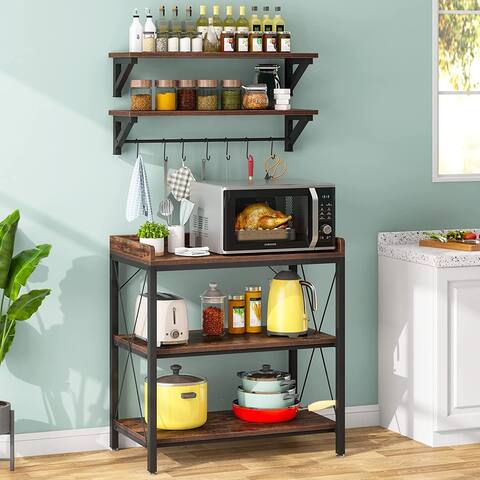 5-Tier Kitchen Bkaer's Rack with 2 Wall Mounted Floating Shelves and 7 Hanging Hooks, Freestanding Microwave Oven Stand