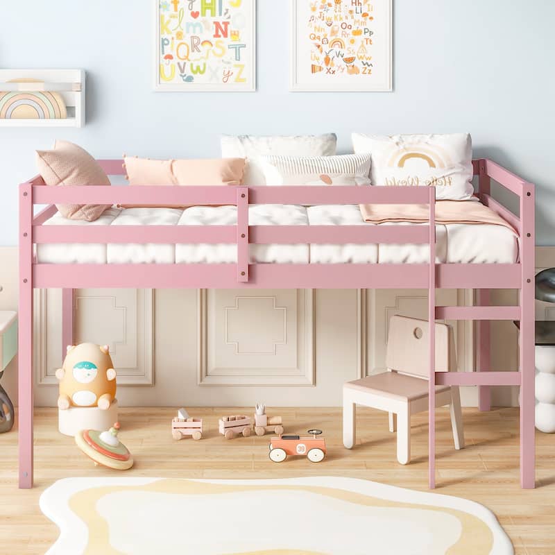 Solid Wooden, Rubber Wooden Twin Loft Bed with Ladder, Bed Platform of Strengthened Slats - Pink