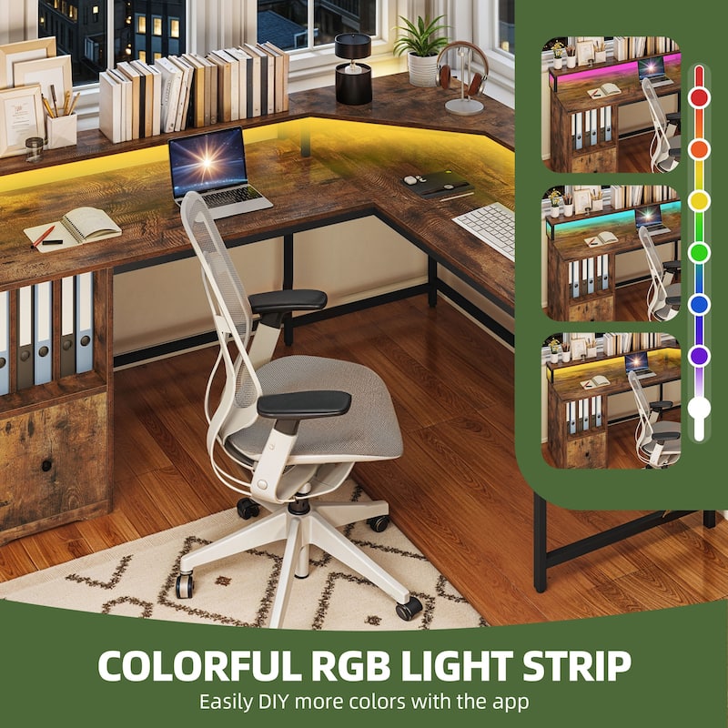 Moasis 66" L Shaped Corner LED Computer Desk with Cabinet and Power Outlets