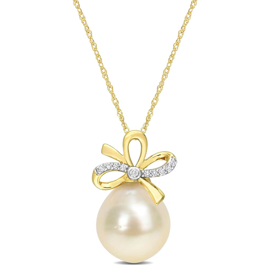 Miadora 12-12.5mm Drop Golden South Sea Cultured Pearl and Diamond Accent Bow 14k Yellow Gold