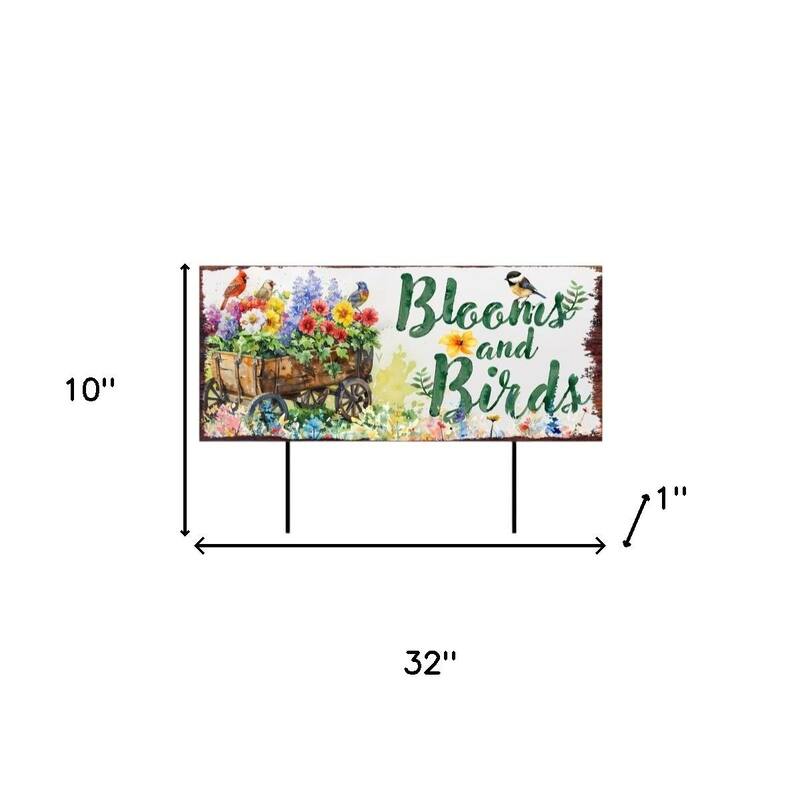 HomeRoots 32" Green Pink And White Solid Wood Floral Bouquet Birds Garden Stake